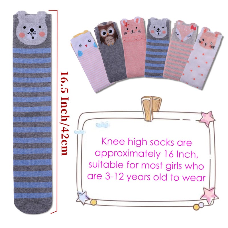FNOVCO Girls Knee High Socks Kids Crazy Fun Gift Cute Animal Patterns Cotton Long Socks 6 Pairs (6 Pairs Cute Animal 01) - Image 4